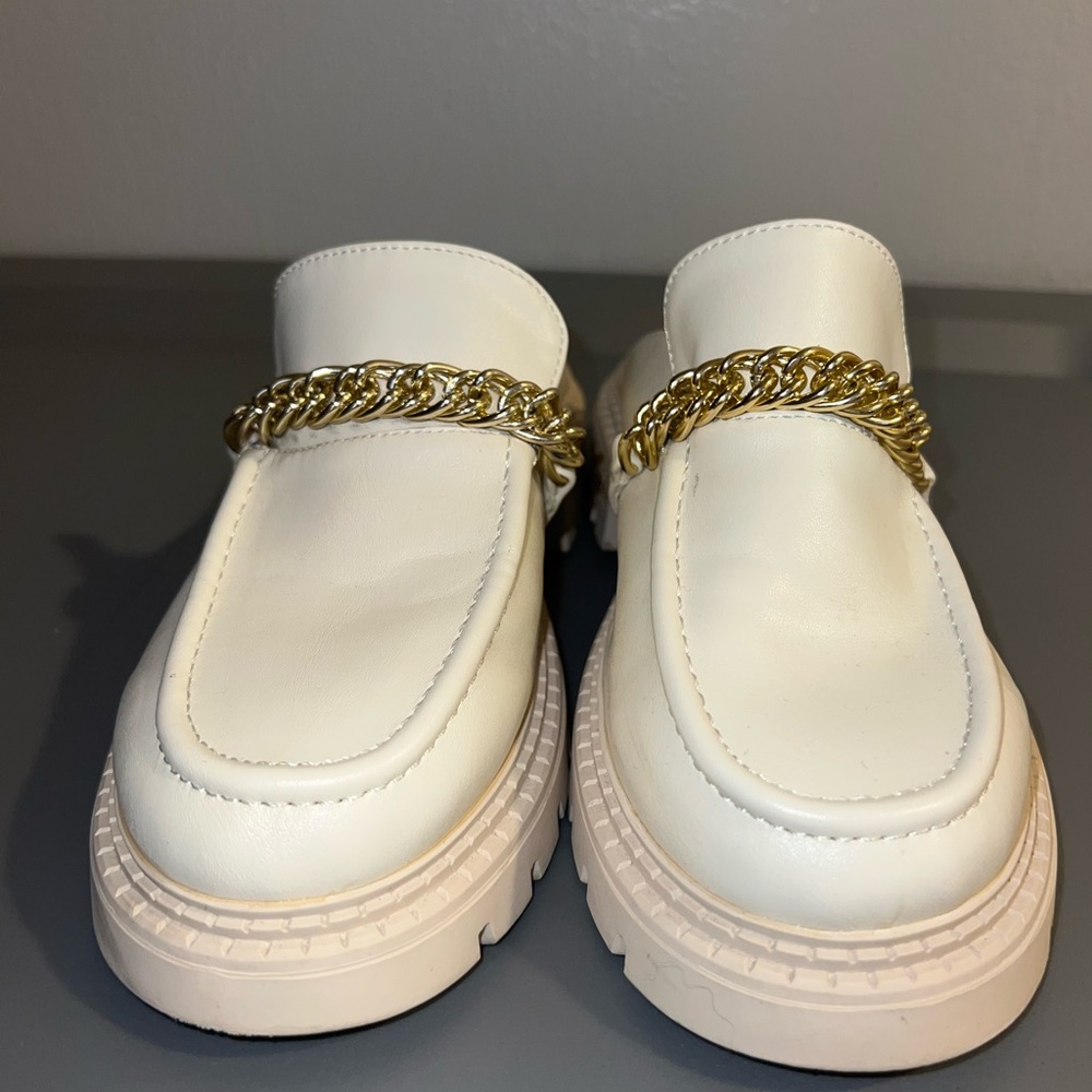 White Loafers with Gold Chain Accent